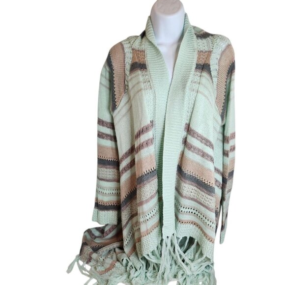 NWT Demanding Boho Striped Fringe Knit Cardigan Sweater Sz Lg Long Open Front - Picture 5 of 10